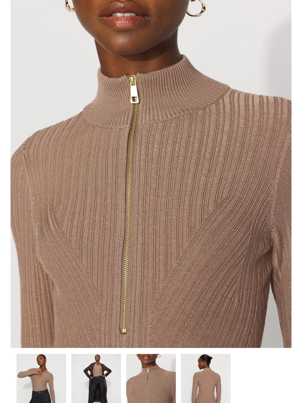 White House Black Market Taupe Ribbed Half-Zip Mock Neck Sweater